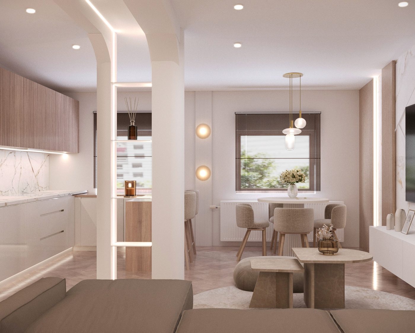 Projekt salonu z jadalnią autorstwa SanSi Design — jasne wnętrze z drewnem i miękkim światłem